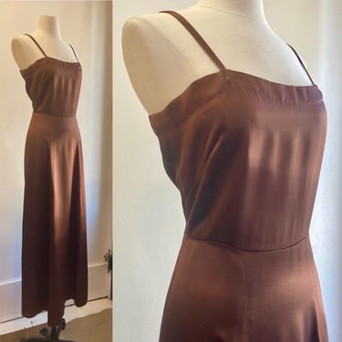 Vintage 40s SATIN SLIP Dress / Maxi Goddess Gown / Fitted Bodice + Skirt w/ Good Drape / Side Metal Zip / Rich Chocolate Brown / Rare Style 