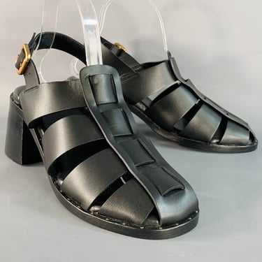 FREDA SALVADOR Size 9.5 Black Leather Chunky Heel Cage Sandals