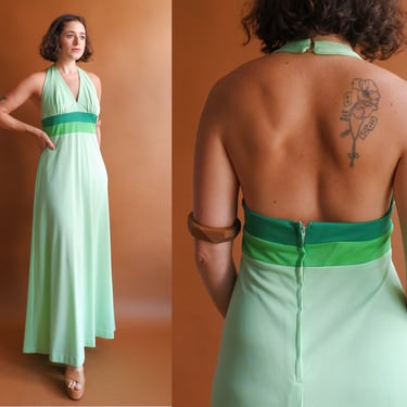Vintage 70s Mint Green Halter Dress/ 1970s Backless Maxi Dress/ Size Medium Large 