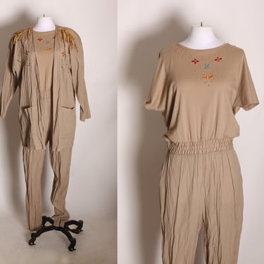 1980s Tan Short Sleeve Bedazzled and Beaded One apiece Jumpsuit with Matching Fringe Long Sleeve Jacket by Adolfo II -M 