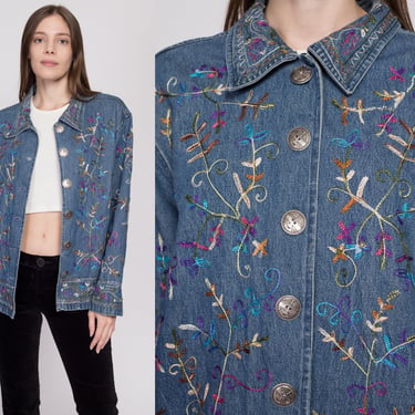 XL| 90s Floral Embroidered Chambray Denim Jacket - Extra Large | Vintage Boho Button Up Lightweight Jean Jacket 
