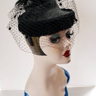 Vintage Handmade Cocktail Hat Avant Garde Whimsical / Black Straw Silk Fringe Feathers Dotted Veil Fascinator by "Gloria the Hat" 