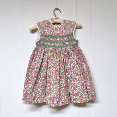 Vintage 1960s Little Girl's Cotton Floral Dress, Sleeveless Summer Frock with Smocking by Sunny Lee, 26" Bust Size 7 