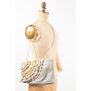 Vintage 1980s pastel rainbow snakeskin ruffle shoulder bag clutch 