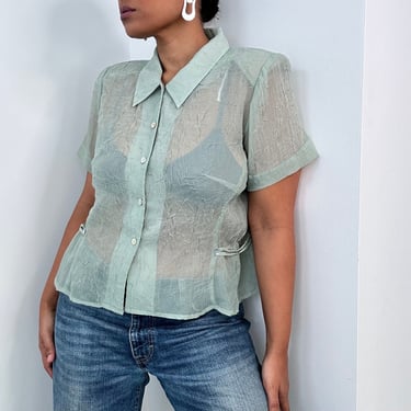 90s Mint Green Blouse | Sheer Mint Green Blouse | Size 16 