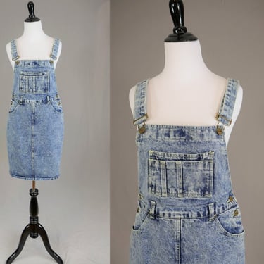 80s Stonewashed Blue Denim Jean Dress - 30" waist - Acid Wash Sleeveless Bibs Jumper Style - Seruchi - Vintage 1980s - XS S 