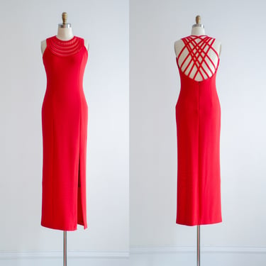 red formal dress 90s vintage tight stretchy sexy low back evening gown 