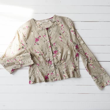 floral cropped blouse | 80s 90s vintage beige pink cotton romantic cottagecore maiden short nipped waist blouse 