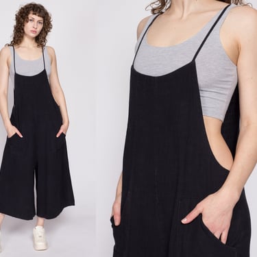 Vintage Black Cotton Pinafore Jumpsuit - One Size | Boho Sleeveless Oversize Loose Loungewear Pocket Romper 