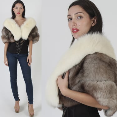 Plush Arctic Black Fox Fur Cape / Vintage 60s Off White Bridal Shawl / Mother Of The Bride Deco Bolero / Wedding Day Real Wrap 