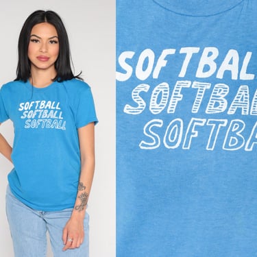 80s Softball Shirt Blue Single Stitch Shirt Graphic Tee Vintage Sports 1980s Tshirt Retro T Shirt Crewneck Sporty Small Medium 