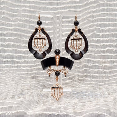 Antique Art Nouveau 14K Onyx & Pearl Earrings With Matching Brooch, Victorian Mourning Jewelry 