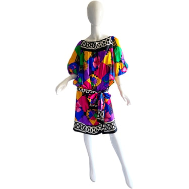 80s Silk Party Dress / Vintage Tropical Geometric Dress / 1980s Disco Dress Large 