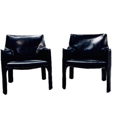 Pair Mario Bellini Black Leather Cab Chairs, Model 414 for Cassina Italy, 1980