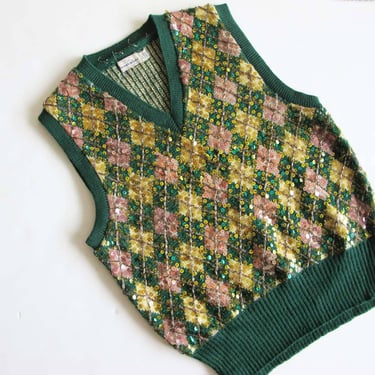 Vintage 60s Sequin Beaded Argyle Plaid Knit Sweater Vest S - Green Gold Pink V Neck Grandpa Preppy Holiday Vest 