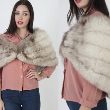 60s Chubby Plush Arctic Fox Fur Stole, Vintage Natural Real Wedding Cape, Classic Panelled Wedding Wrap 