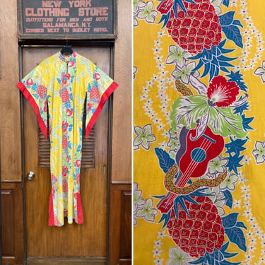 Vintage 1950’s Custom Ukelele Pineapple Cotton Hawaiian Tiki Pake Muu, Hostess Dress, 1950’s Hawaiian Dress, Tiki Dress, Batwing Sleeve 