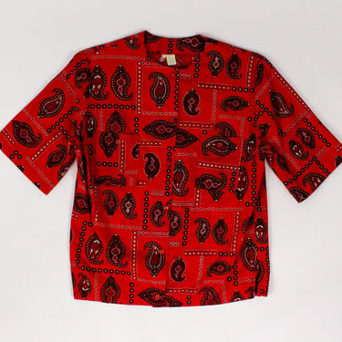 1950s Red Bandana Print Blouse / Paisley / Red and White / Rockabilly / Western / Small / Extra Small / Pockets / VLV / Handkercheif / S / 