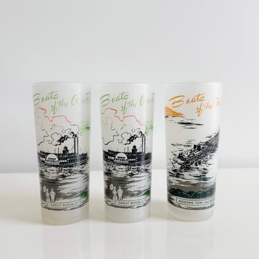Boats of the Ohio River Frosted Tom Collins Tall Collectible Glasses Libbey Glass USA Vintage 1960s 