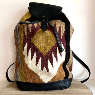 Handmade in Ecuador Wool Southwestern Tapestry Genuine Leather Medium Backpack 