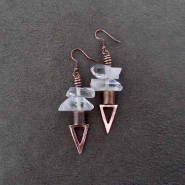 Raw quartz crystal earrings, clear and copper 