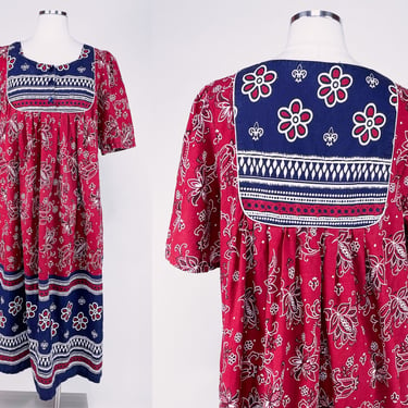 Vintage Red White & Blue Bandana Print Muumuu Dress by Only Necessities Medium | Western, Cowgirl, Prairie, Ranch, Home, Comfy, Loungewear 