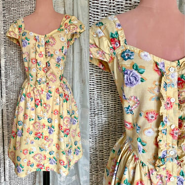 Sunshine Summer Dress, Floral, Sweetheart, Button Down Front, Fitted Bodice, Cotton, Vintage 80s 90s 