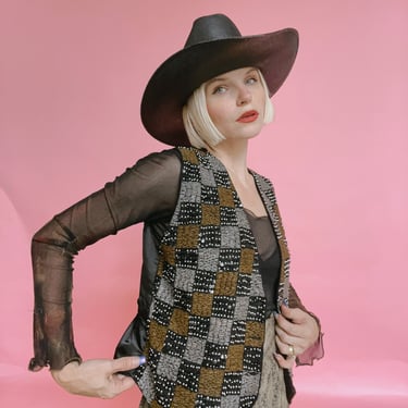 Vintage 90s Beaded Checkered Waistcoat 