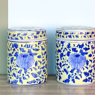 Pair of Yellow and Blue Chinoiserie Jars