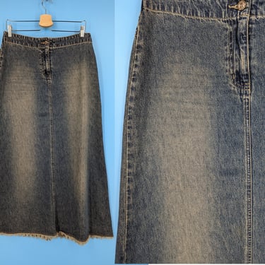 Vintage Y2K Denim Fringed Maxi Skirt - 2000s Jean A-line Maxi - Size 8 