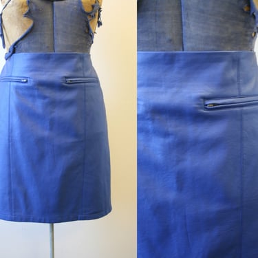 Late 1990s Dennis Basso Blue Pleather Mini Skirt 