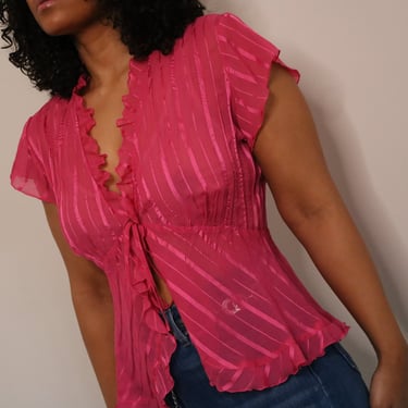Y2K Hot Pink Blouse | Vintage Ruffle Blouse | Sheer Pink Blouse | Y2K Tie Up Blouse | Medium Large 