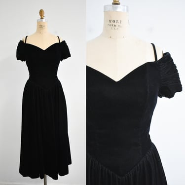 1980s Black Velvet Off the Shoulder Dress 