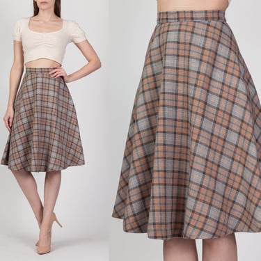 60s 70s Plaid Schoolgirl Midi Skirt - Extra Small, 23.5" | Vintage Preppy High Waist Wool A Line Skirt 