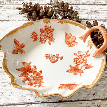 Antique Herend porcelain serving dish. 7" Hand painted leaf shaped nappy candy bowl. Luxury home decor gift 