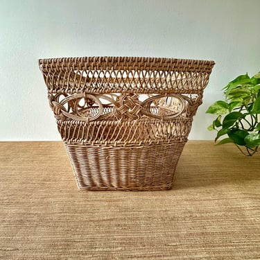 Vintage Natural Wicker Square Waste Basket - Cottage Style 