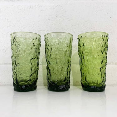 Vintage Avocado Geen Anchor Hocking Lido Milano Crinkle Glass Iced Tea Glasses Set of 3 Tumblers Textured Highball Nubby 1960s 