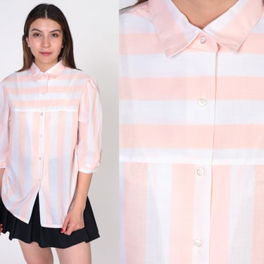 80s Striped Shirt Peach White Button Up Shirt Vintage Collared Short Puff Sleeve Blouse 1980s Casual Loose Cotton Polyester Medium 
