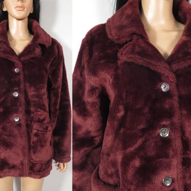 Vintage 90s Free People Burgundy Faux Fur Button Up Jacket Made In USA Size Up To L 