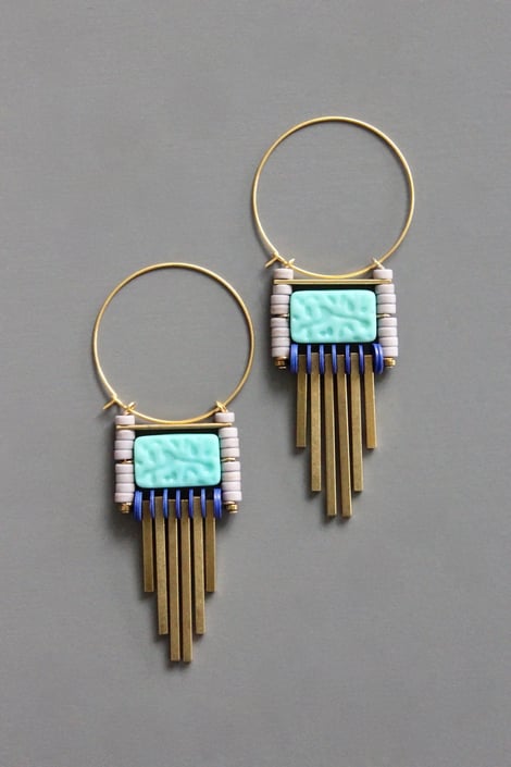 Geometric Turquoise and Brass Hoop Earrings
