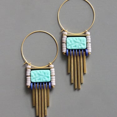 Geometric Turquoise and Brass Hoop Earrings