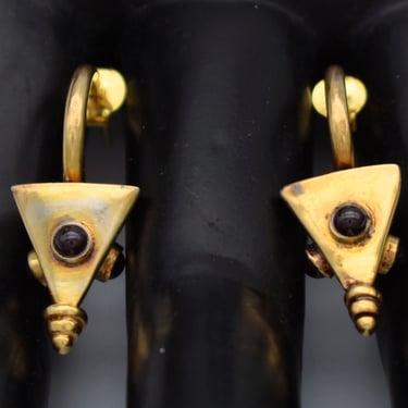 40's Etruscan Revival sterling vermeil garnet dangles, gilded 925 silver gems inverted pyramid earrings 