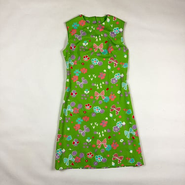 1960s Green Bow / Flower Print A Line Sleeveless Dress / Novelty Print / Bright / Neon / Cotton / Lime Green / Mod / 60s / Kawaii / M 