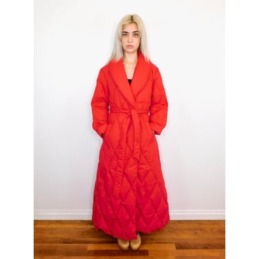Puffer Coat // long maxi jacket boho hippie dress red puff goose down winter snow wrap 80s 70s 1980s 1980's // S/M 