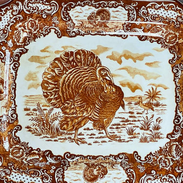 Large Brown and White Turkey Platter-19" chip free- Hand Painted Japan 