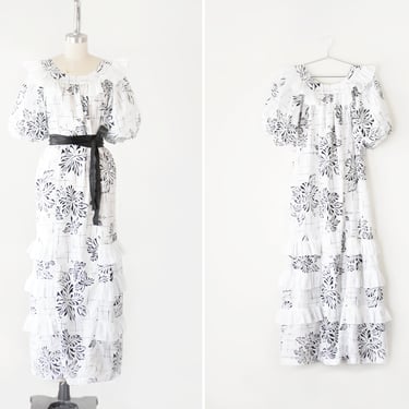 Cotton Blend Puff Sleeve Dress S / Flowy Maxi Dress in Floral Print / Loose Summer Dress / Puff Sleeve Trapeze Dress / Ruffle Neck Dress /Sm 