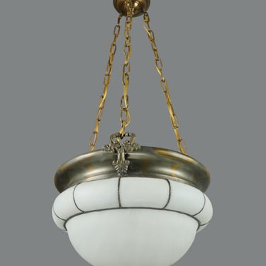 Arts & Crafts Leaded White Glass Dish Pendant Light