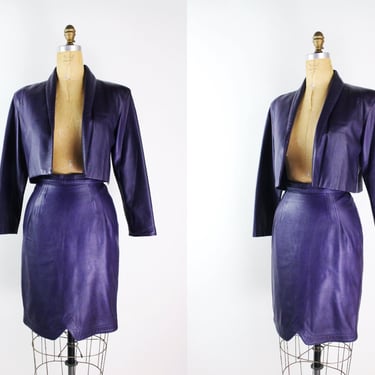 80s Purple Buttery Leather Set / 80s Leather Skirt / Soft Leather Cropped Jacket / High Waisted Leather Skirt/ Bolero Jacket / Size S/M 