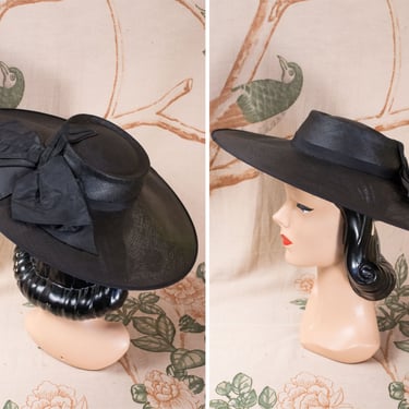 1940s Hat - Crisp Late 40s Fine Black Straw New Look Portrait Hat with Wide Silk Bow Woven Through 