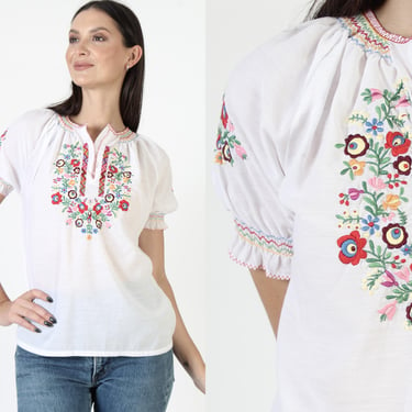 Hungarian Style White Blouse, Floral Embroidered Swiss Top, Vintage Ethnic Needle Point Tunic 